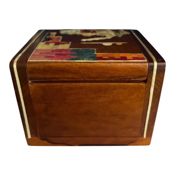 Handcrafted Wood Tea Box – Ecuador Inlaid Design – “Té” Storage – Colorful Marqu - Picture 3 of 5